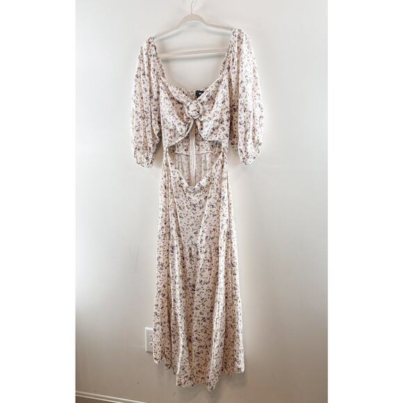 MINKPINK Hailey Floral Puff Sleeve Cutout Midi Dress White Purple XL - Picture 9 of 16